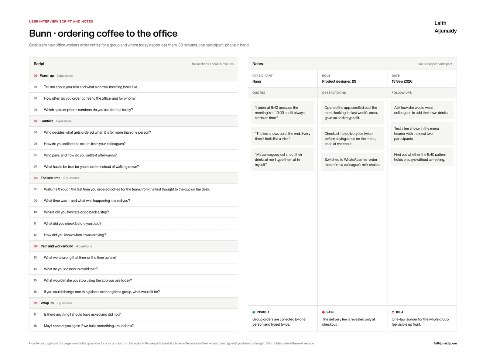 User interview script and notes template: 18 questions in five sections beside a notes sheet with quotes, observations and follow ups