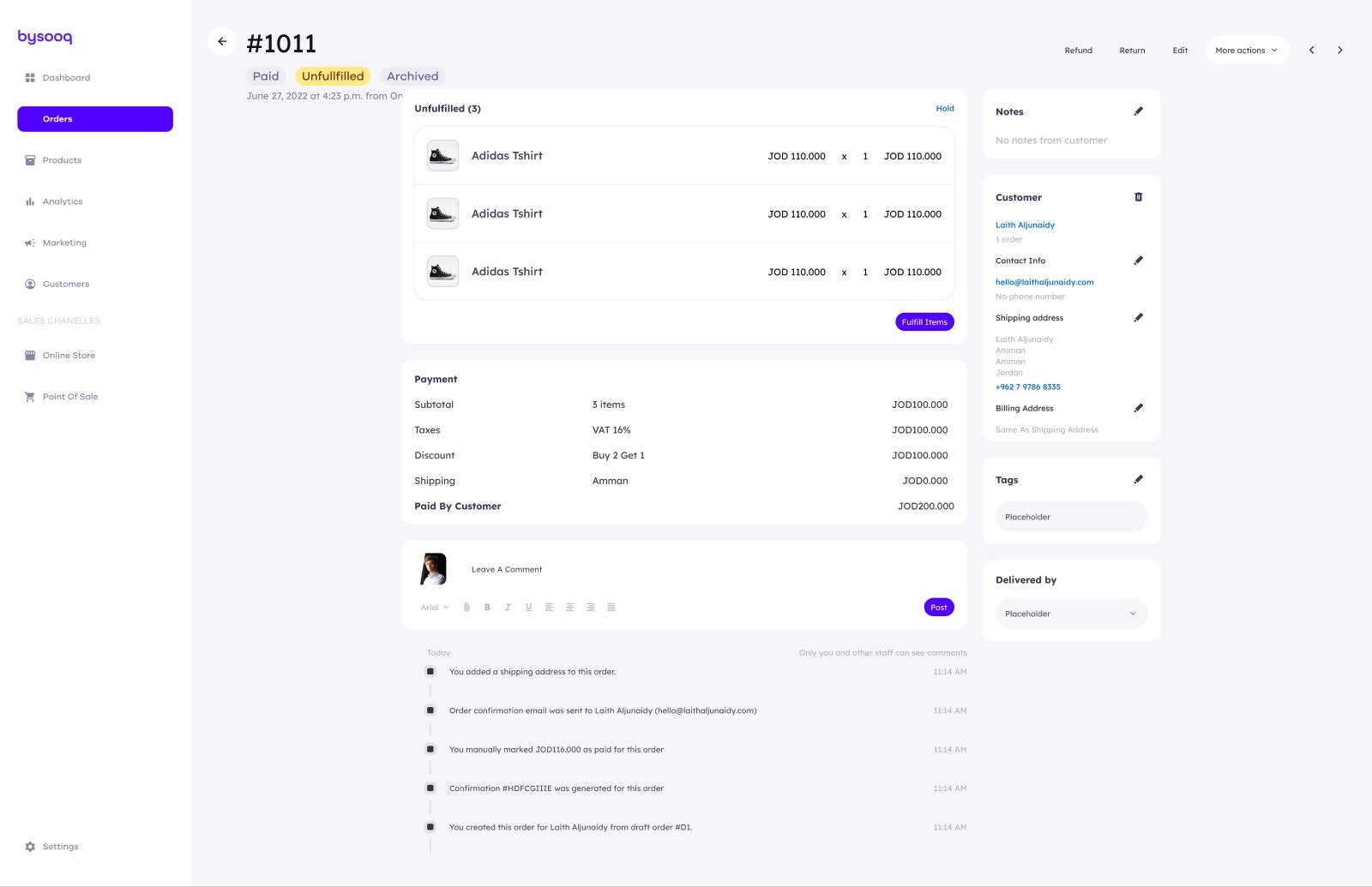 Bysooq order details screen: line items, customer, payment and delivery, and the order timeline