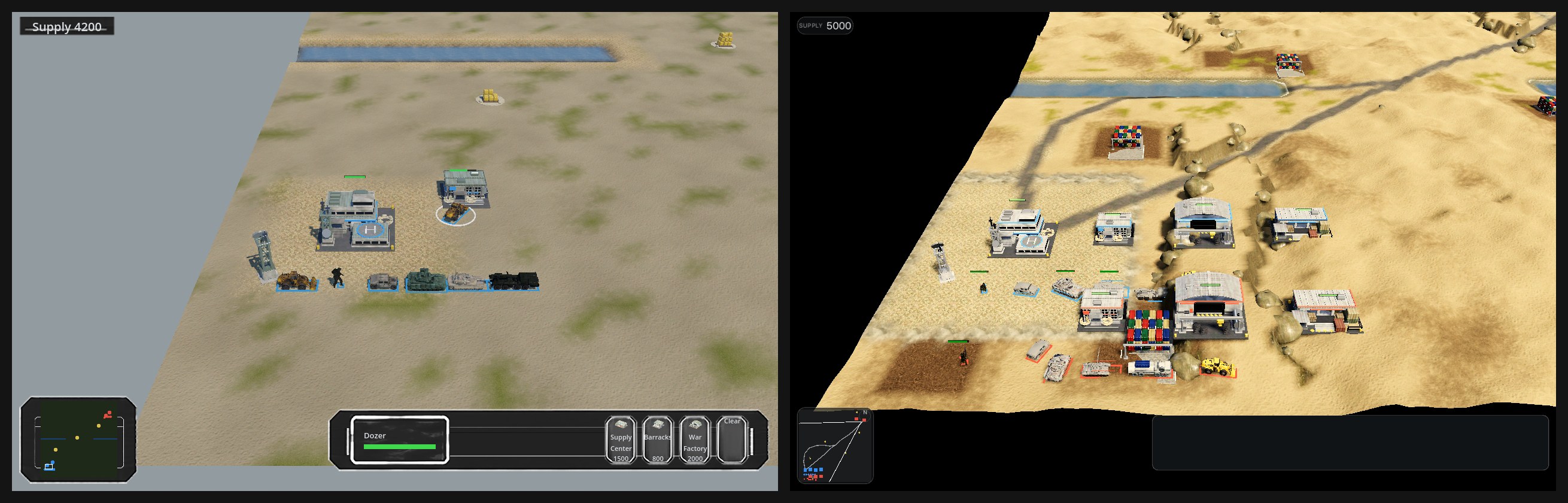 Same strategy game map shown twice: on the left, the first version with models on bare ground; on the right, the same base after several rounds of work, with terrain, roads and buildings